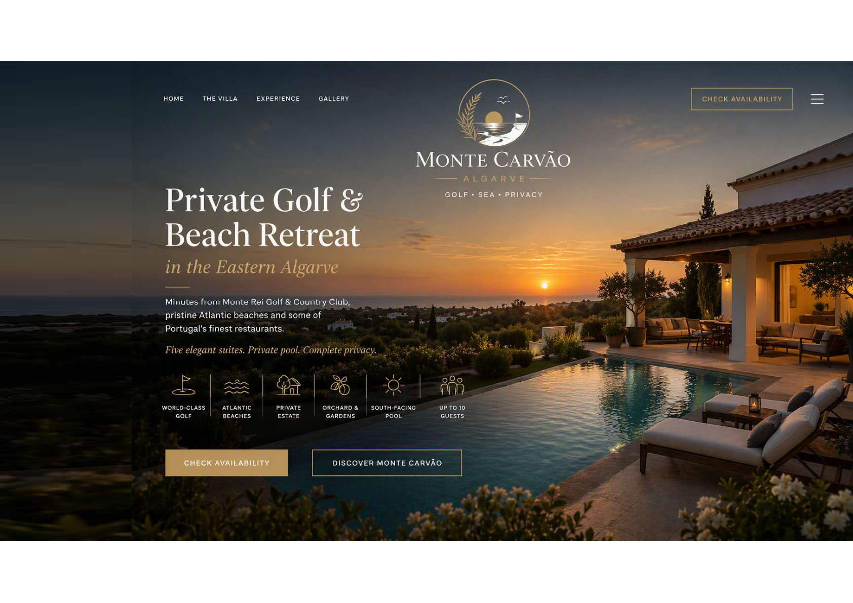 Monte Carvão homepage hero showing a luxury pool terrace at sunset