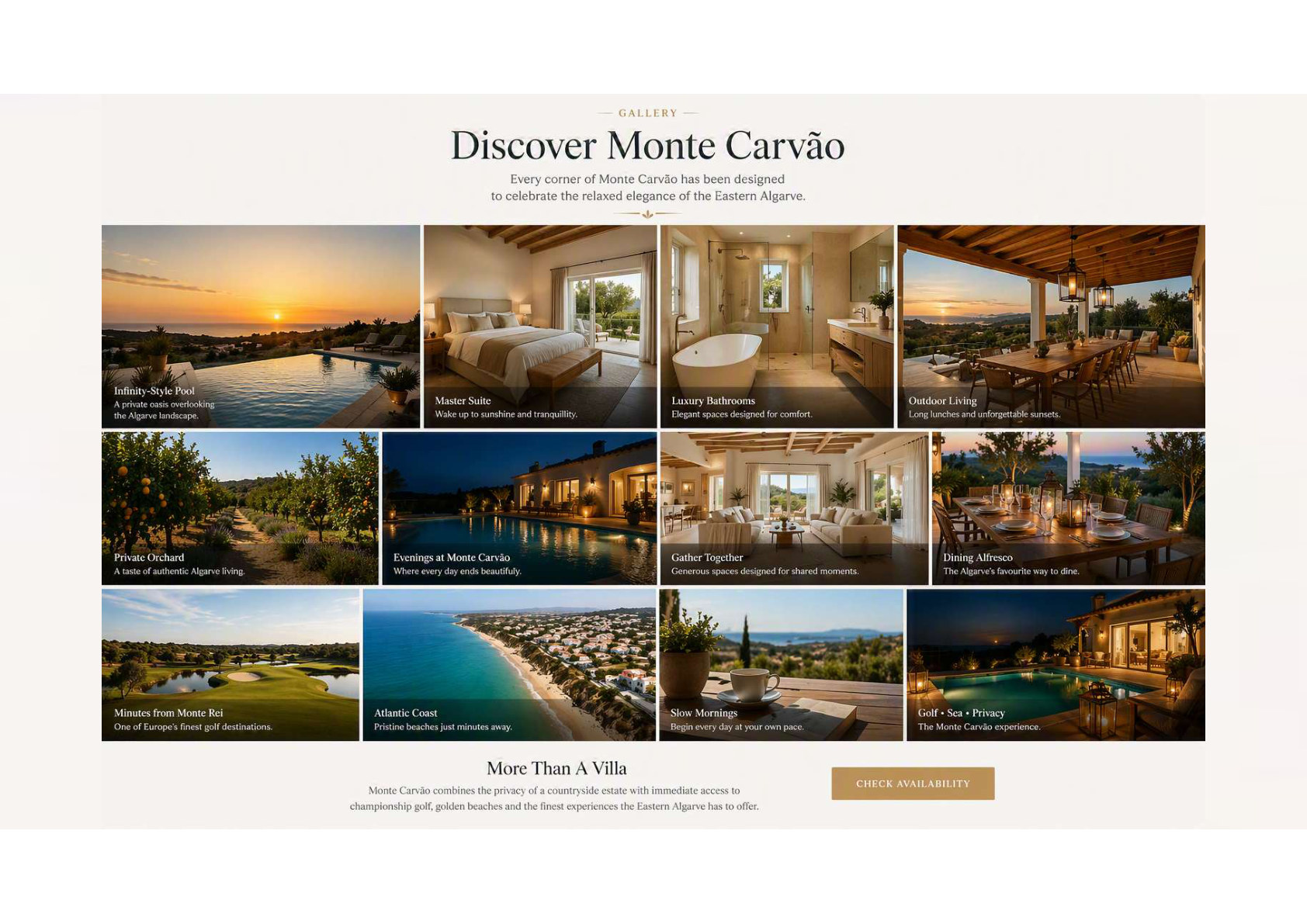 Monte Carvão gallery grid with pool, bedrooms, bathrooms, orchard, golf, beach and evening dining