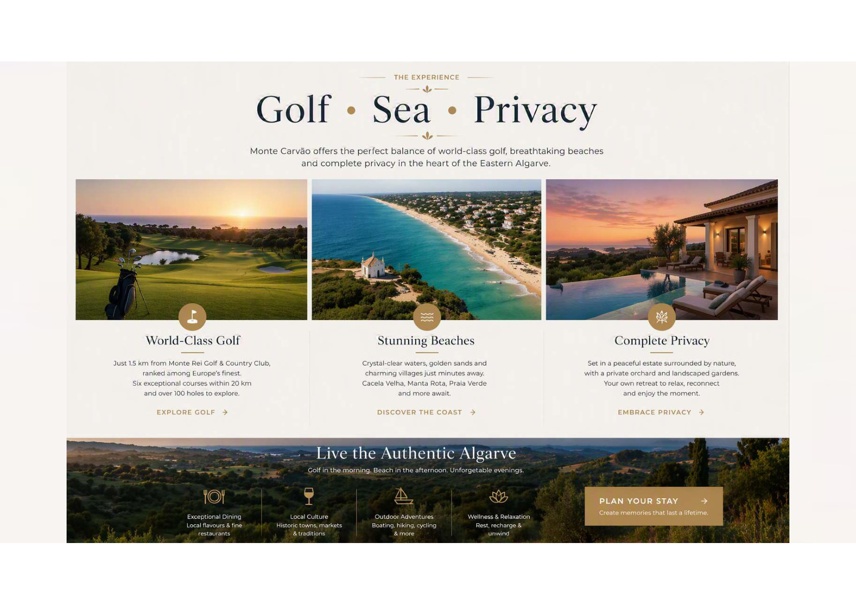 Experience section showing golf, beach and private villa lifestyle in the Eastern Algarve
