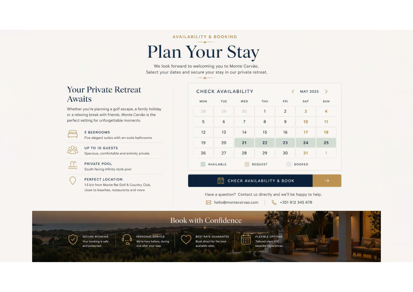 Availability and booking section with calendar, villa highlights and contact details