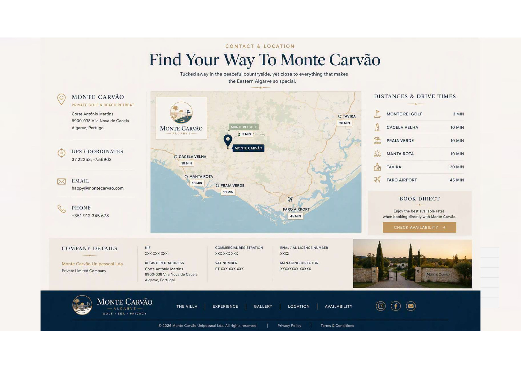 Contact and location section with road map, GPS coordinates, distances and company details